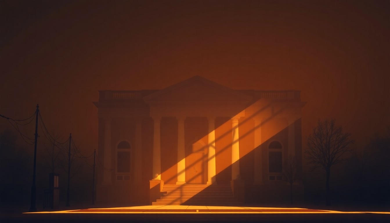 A realistic oil painting depicting the warm, shadowy exterior of a city hall building, conveying a sense of civic transition and change.