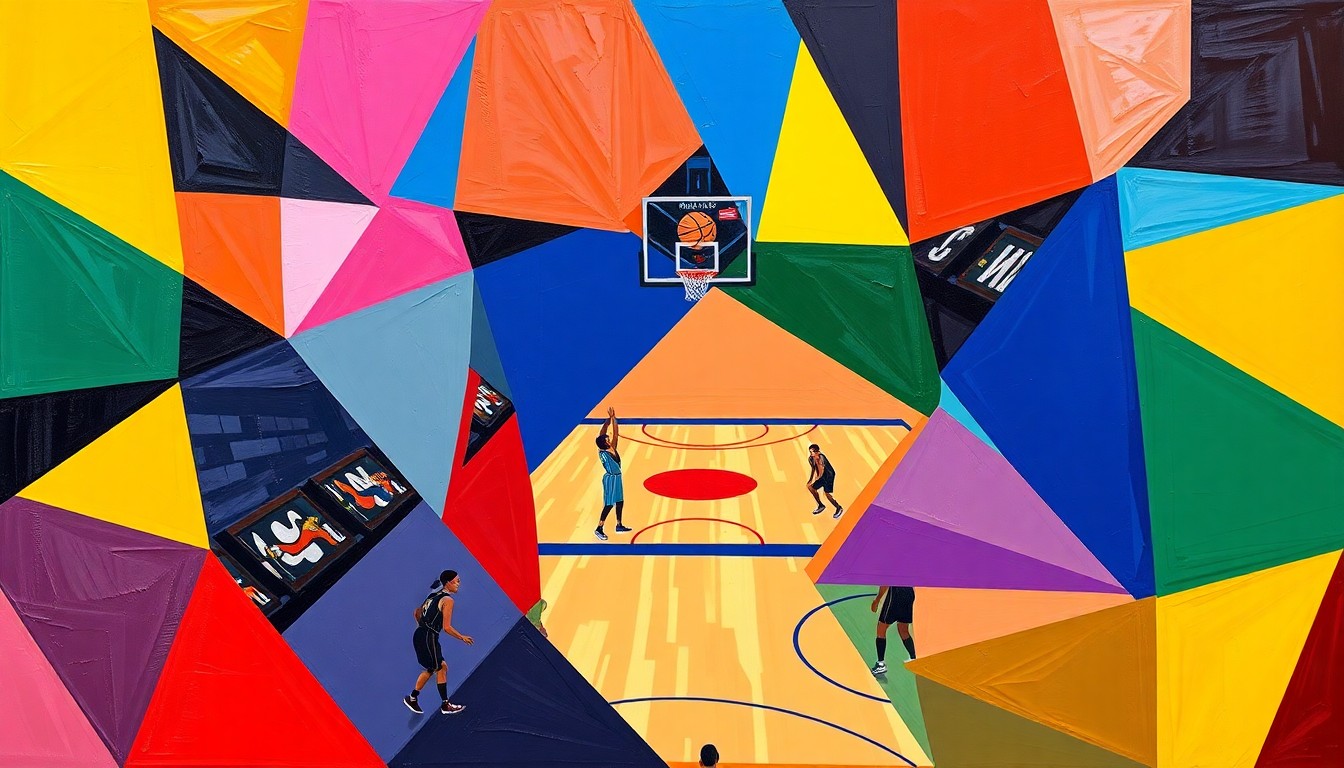 A fragmented, geometric painting in vibrant team colors depicting a WNBA basketball game, conceptually representing the shifting power dynamics of the league after a major trade.