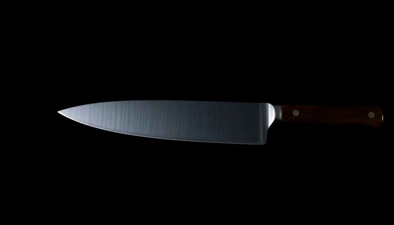 An extreme close-up photograph of a single steak knife against a pitch-black background, lit by a harsh, direct camera flash, conceptually representing the violent crime weapon used in the attack.