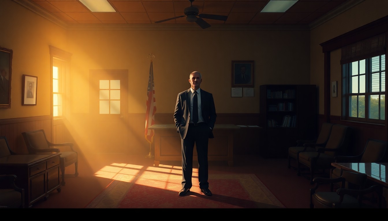 A serene, cinematic painting depicting a lone politician standing in a dimly lit rural legislative office, the warm glow of sunlight casting dramatic shadows across the room, conveying a sense of quiet contemplation and resilience in the face of political challenges.