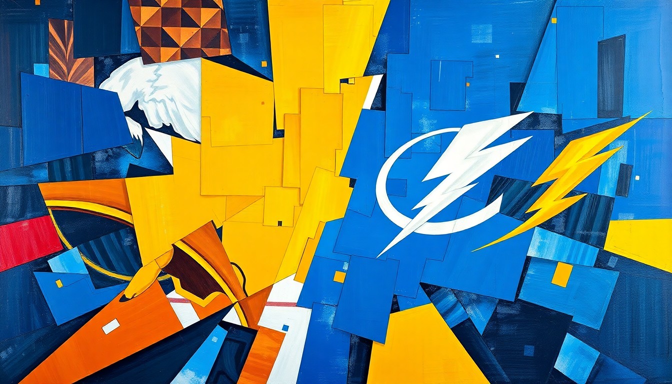 A fragmented, geometric painting depicting a hockey game between the Buffalo Sabres and Tampa Bay Lightning, with sharp planes of blue, gold, and red representing the teams' colors.