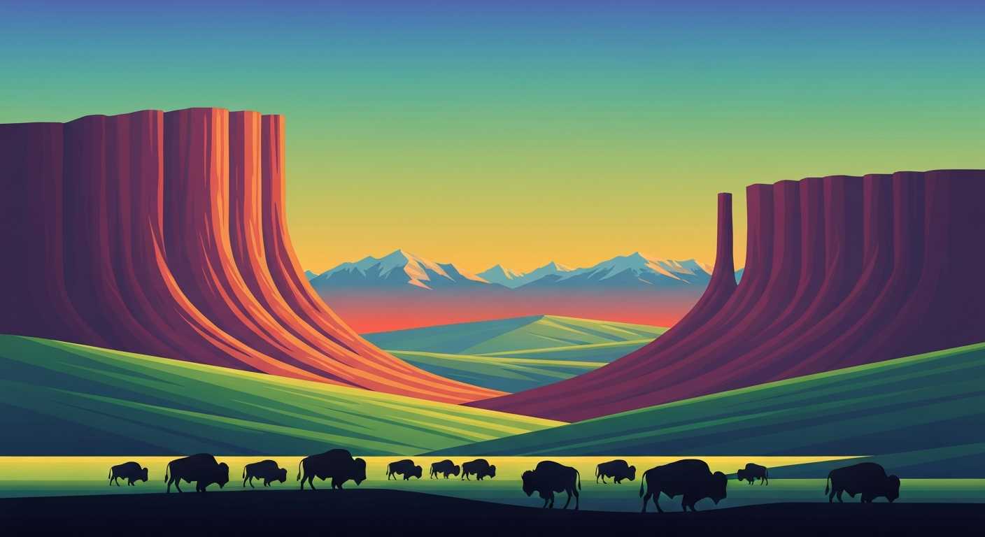A bold, geometric illustration depicting a sweeping vista of rolling hills and distant mountains, with a herd of bison silhouetted against a vibrant, gradient sky, capturing the grand scale and natural beauty of Montana's bison country.
