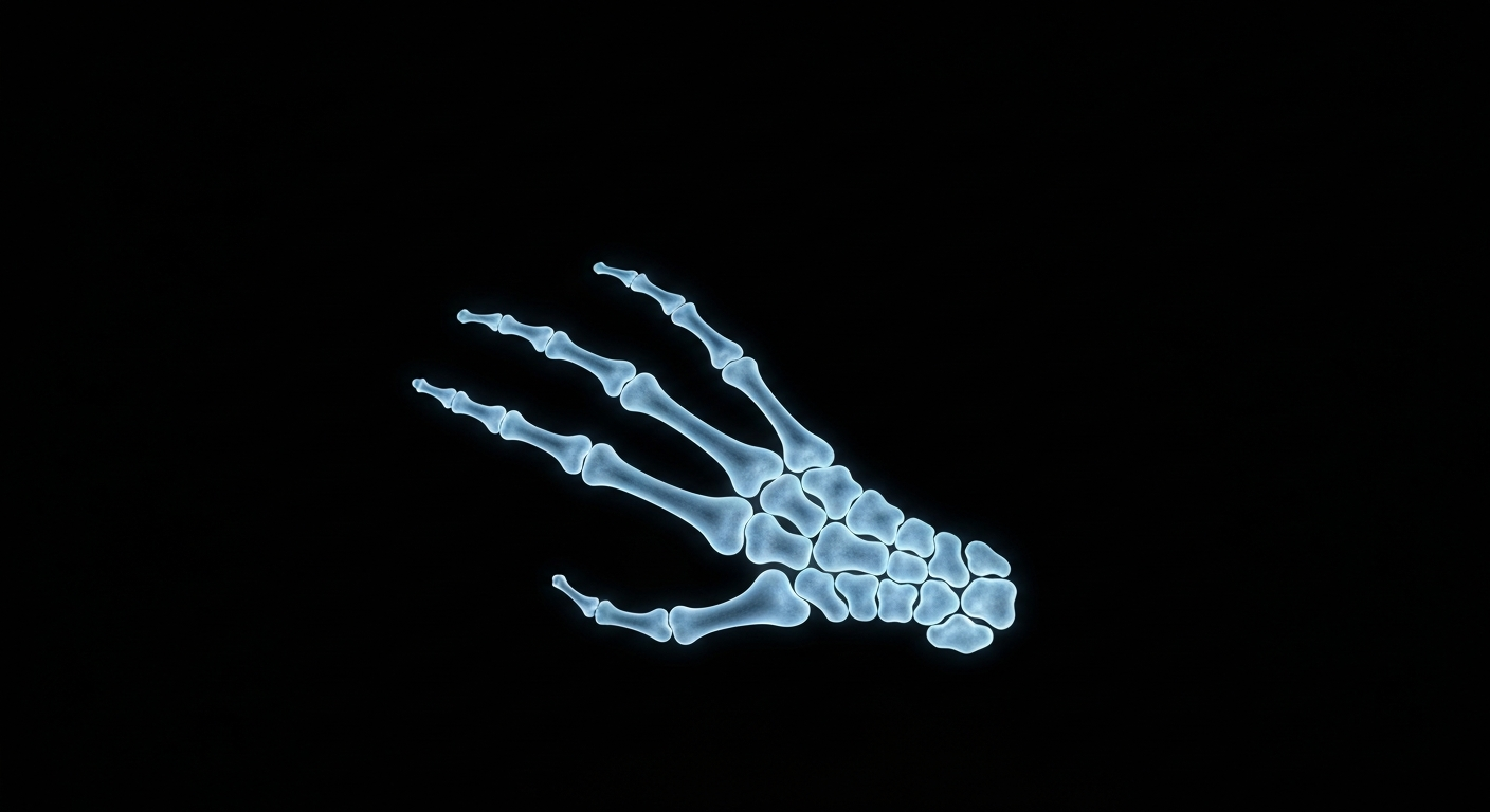 A translucent X-ray photograph showing the delicate bone structure of an elderly person's hand, conveying the fragility and vulnerability of aging.