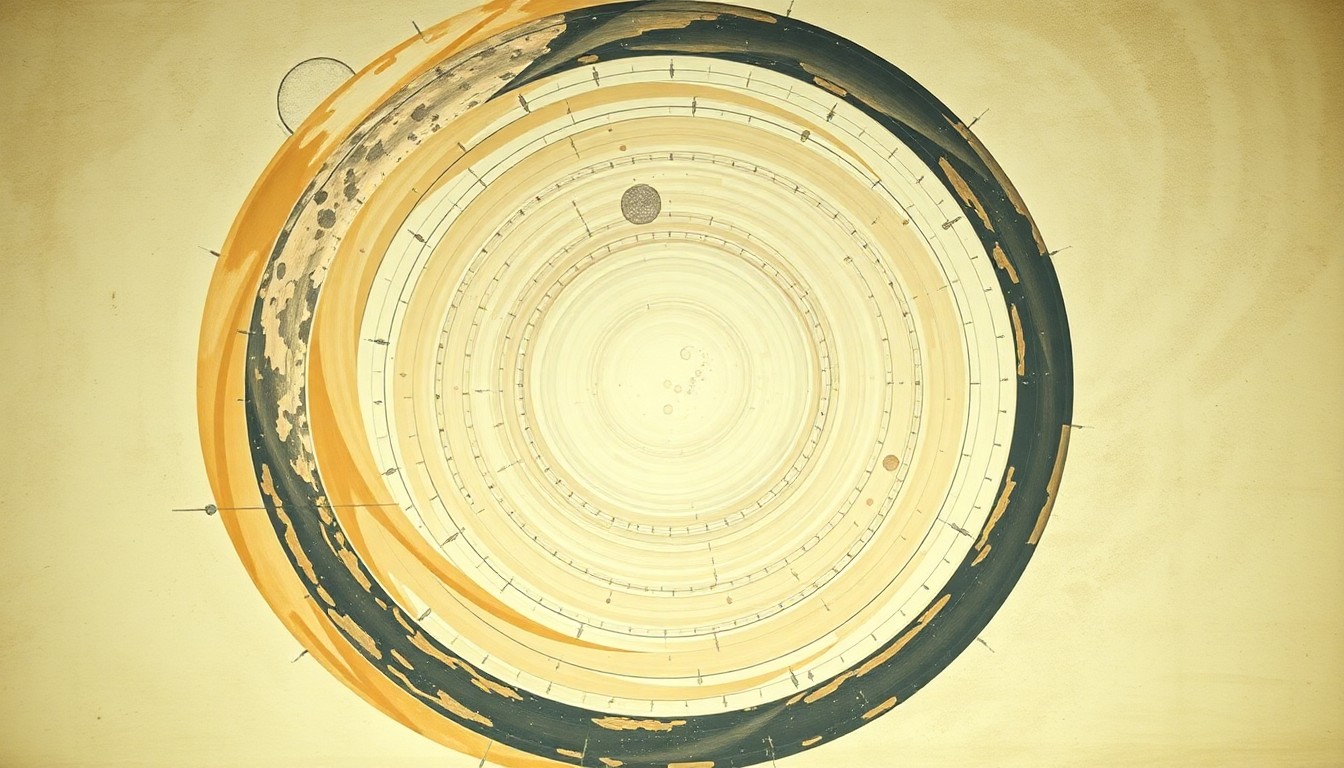 A bold, abstract painting featuring sweeping geometric arcs, concentric circles, and precise spirals in earthy tones, representing the complex forces and concepts of the Artemis II mission to the Moon.