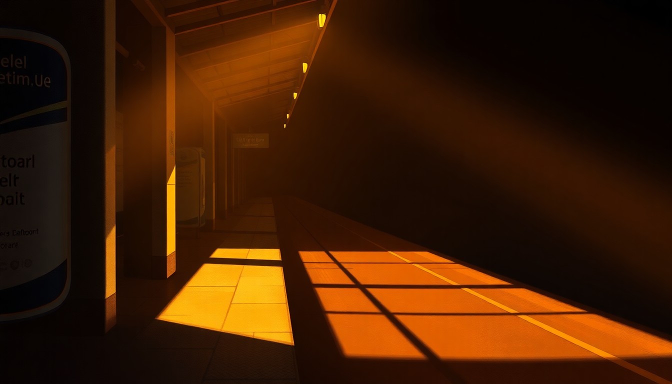 A serene, nostalgic painting of a Baltimore light rail station platform, with warm sunlight and deep shadows creating a cinematic atmosphere.