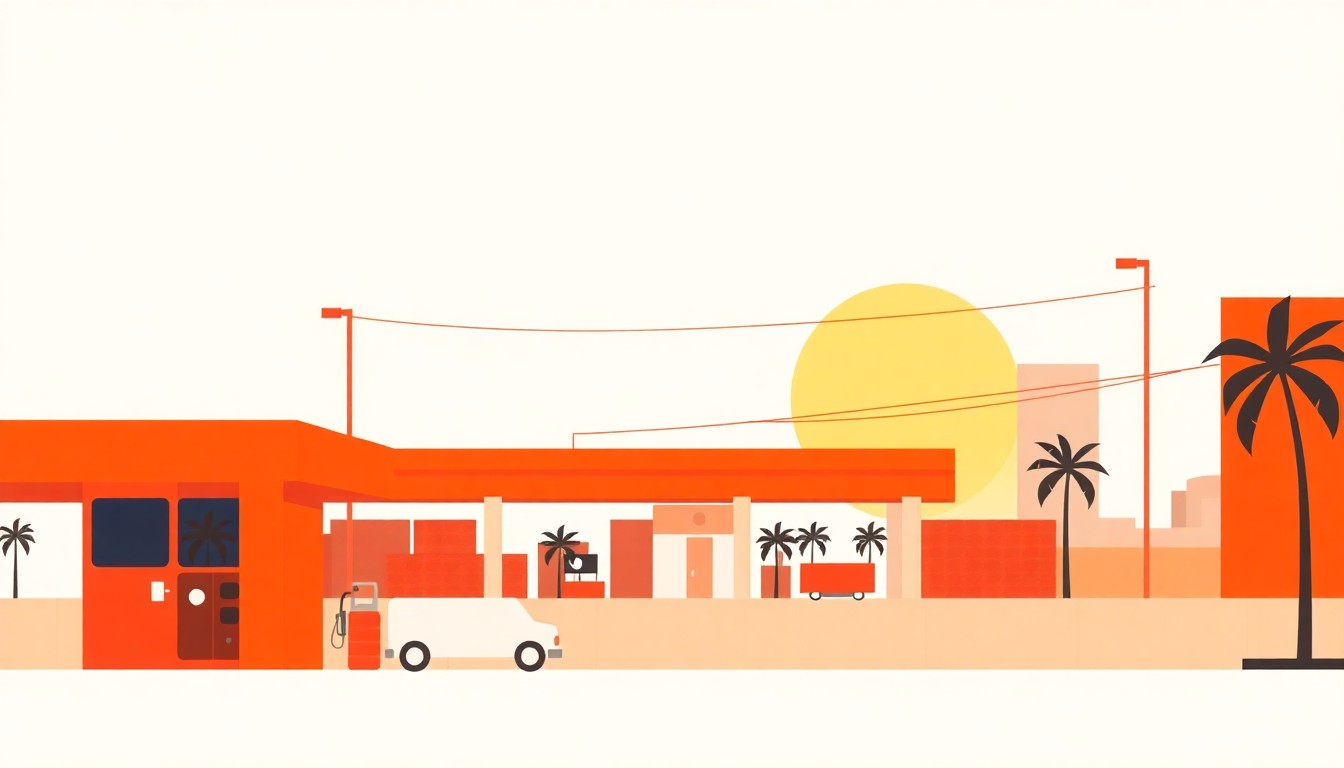A minimalist, abstract illustration featuring overlapping triangles and rectangles in shades of orange, red, and gray, conceptually representing the volatility and uncertainty of the gas price crisis in Miami.