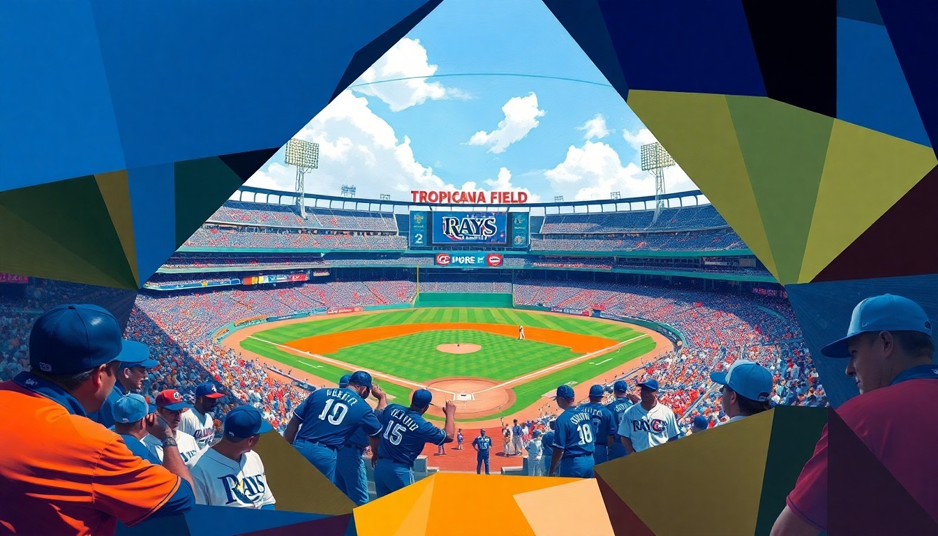 A fractured, cubist-style painting depicting a Rays baseball game, with sharp geometric shapes in the team's colors of navy, powder blue, and gold overlapping to capture the dynamic action on the field against the backdrop of Tropicana Field's iconic domed roof.