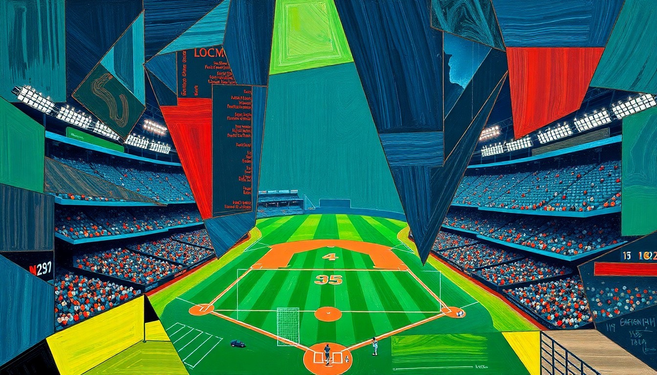 A fragmented, geometric painting in bold colors depicting the dynamic movements and competing forces of a baseball game.