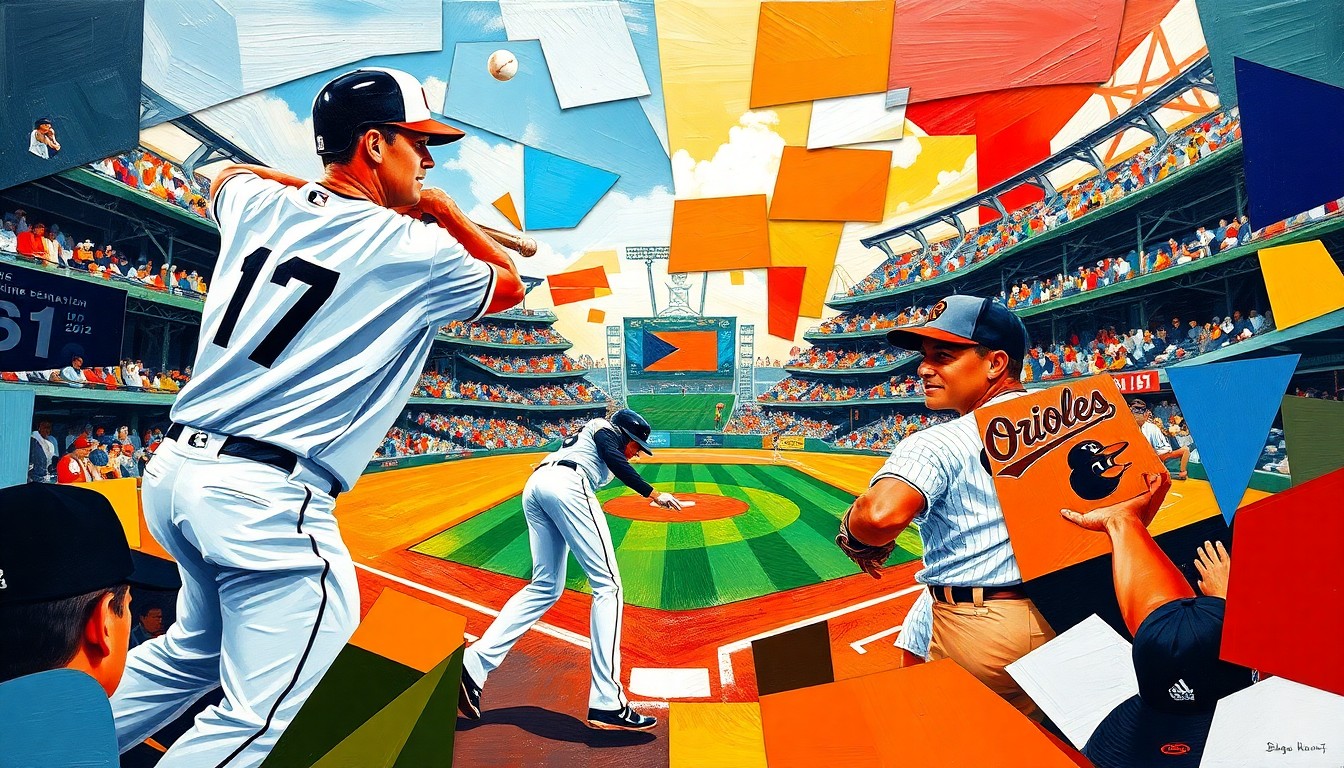 A fractured, cubist-style painting depicting a baseball game or match, with sharp geometric planes in the colors of the White Sox and Orioles uniforms, conceptually representing the difficulties of adjusting to the new MLB challenge system.