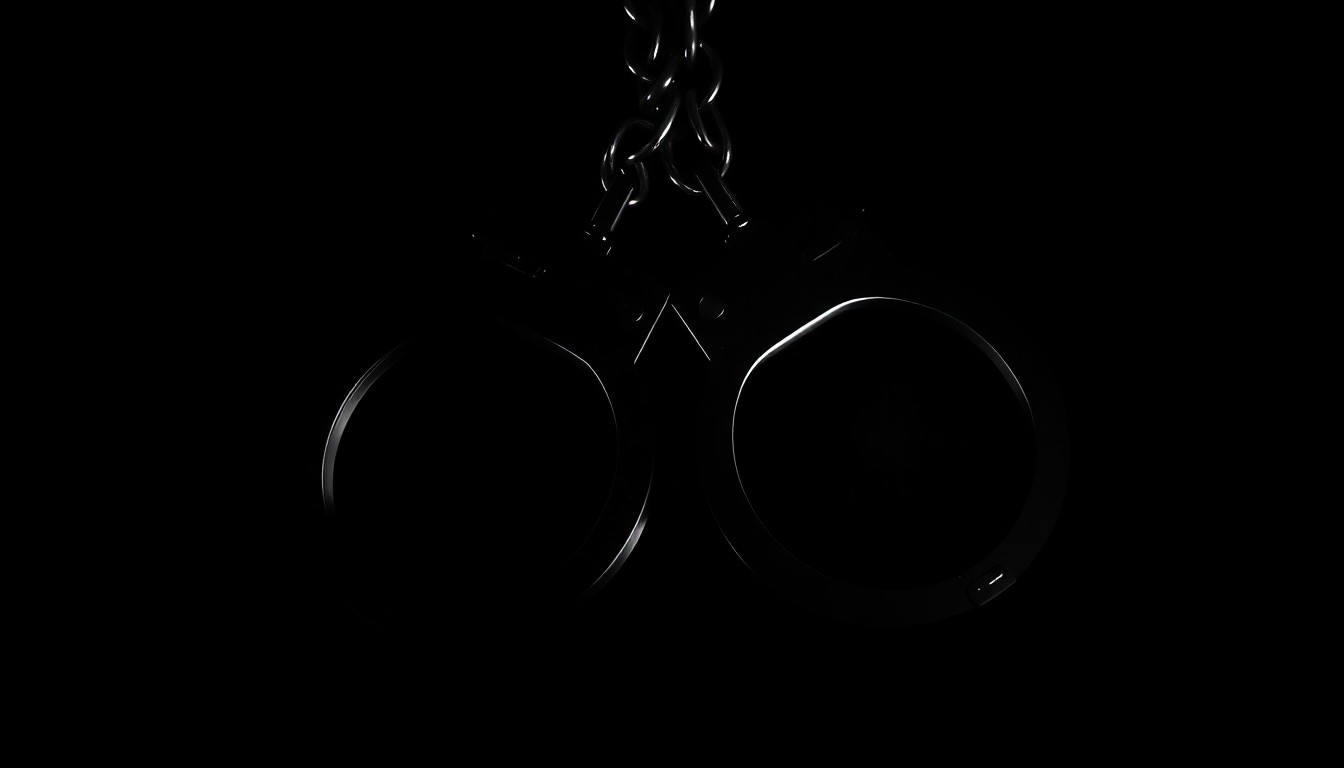 An extreme close-up of a pair of metal handcuffs against a completely black background, the harsh lighting creating dramatic shadows and textures to convey a sense of gravity and justice.