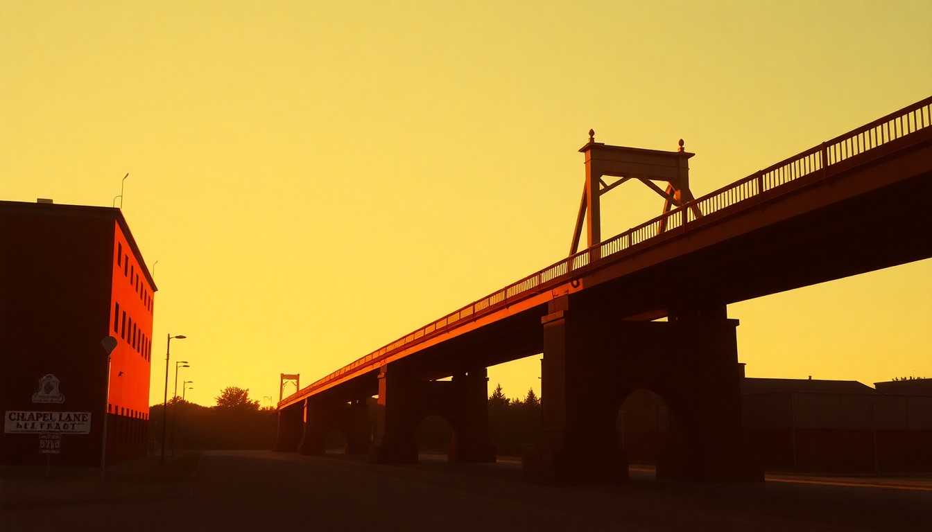A serene, cinematic painting of the Chapel Lane Bridge in Rapid City, with the structure bathed in warm, diagonal sunlight and deep shadows, conceptually illustrating the infrastructure challenges facing the community.