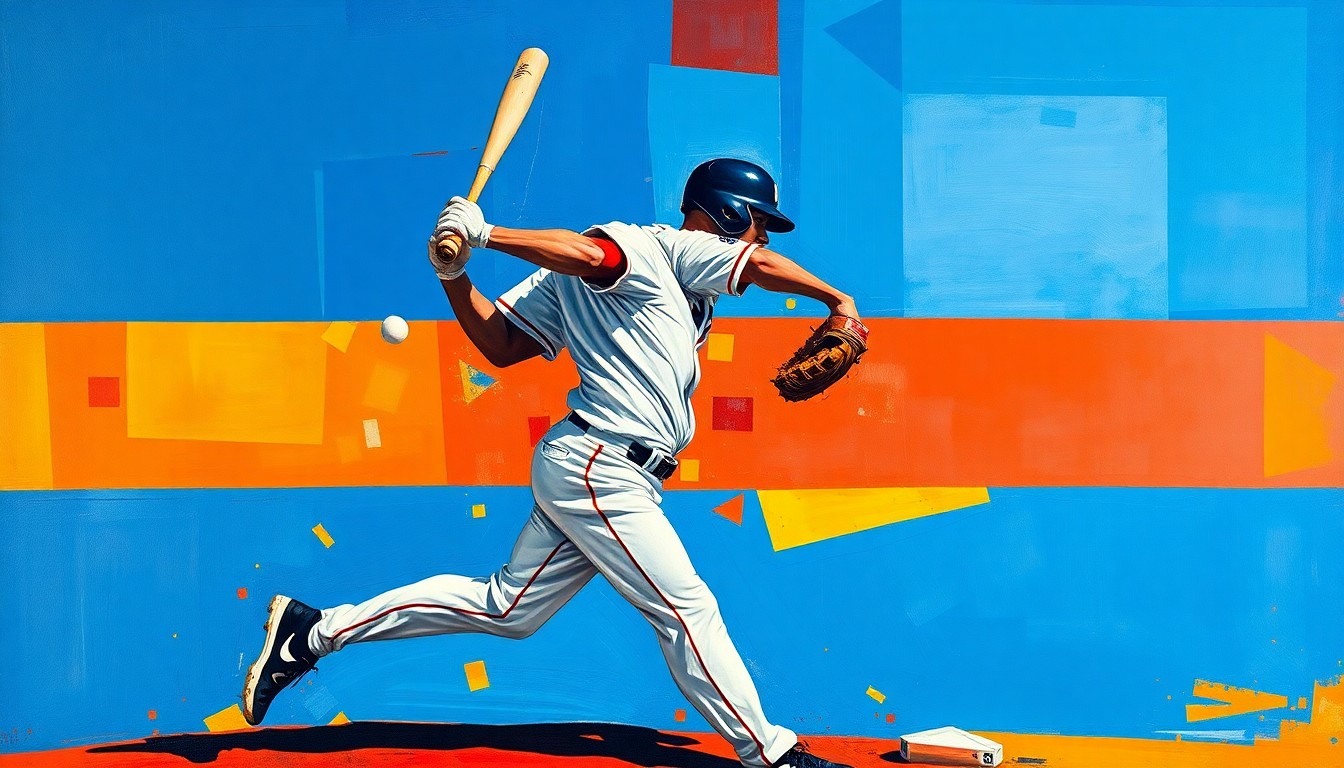 A fractured, multi-perspective painting depicting a baseball player's swing or pitch, broken down into sharp, overlapping geometric shapes in vibrant colors, conveying the tension and intensity of a high-stakes moment in the game.