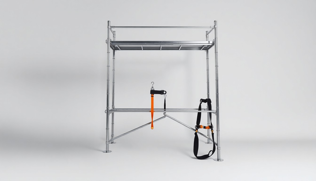 A photorealistic studio still life featuring a polished metal scaffold frame and safety harness equipment, conceptually representing the corporate liability and worker safety issues at the heart of New York's Scaffold Law.