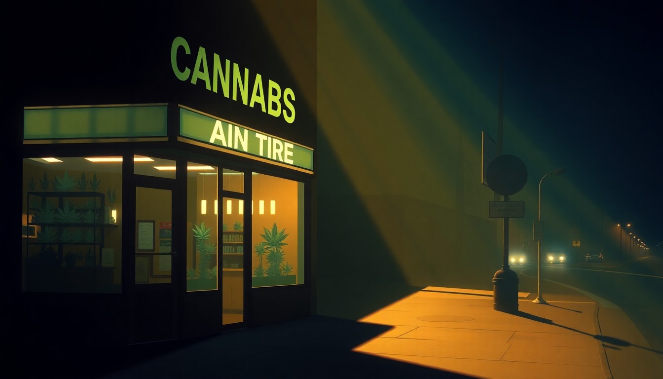 A photorealistic painting of a small, independent cannabis retail storefront in a quiet urban setting, with the storefront bathed in warm, directional sunlight and deep shadows, conceptually representing the changes coming to the state's cannabis industry oversight.