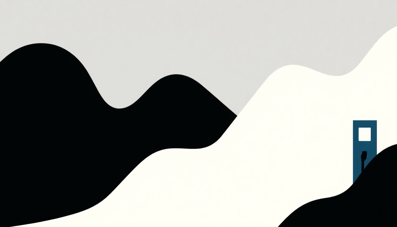 A minimalist illustration using bold geometric shapes and a color palette of dark grays, blues, and oranges to conceptually represent the rising cost of gas and its impact on the regional economy.