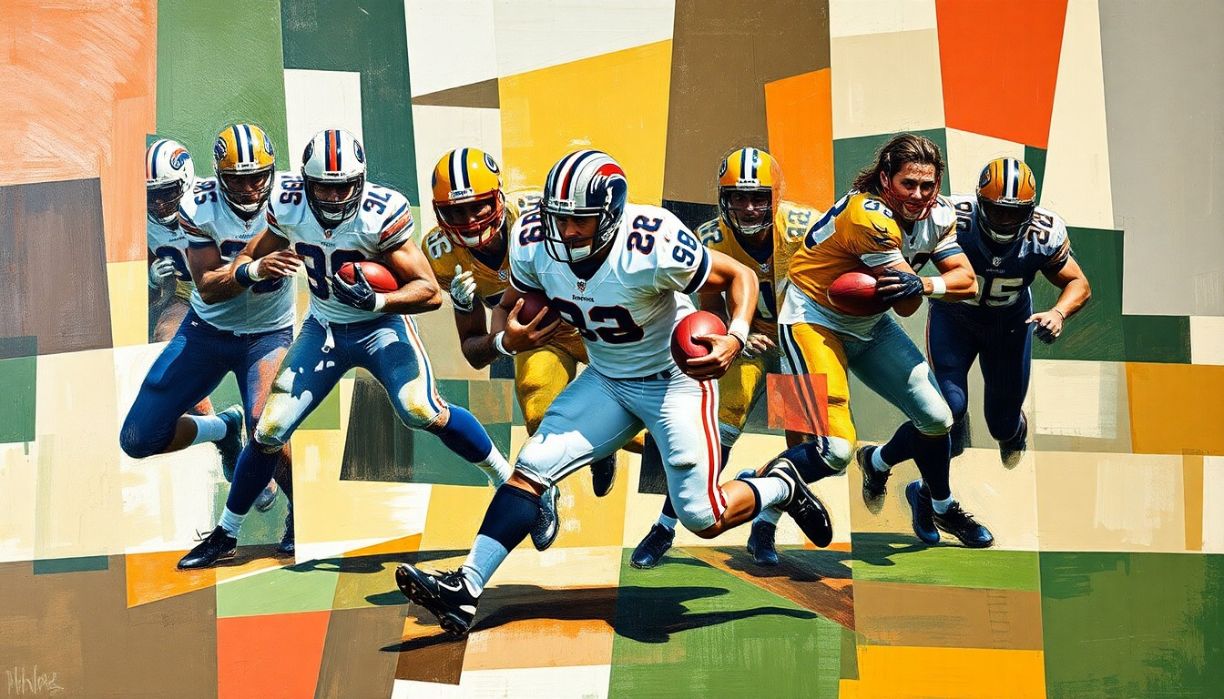 A cubist-style painting depicting a football running play broken down into sharp, overlapping geometric shapes and planes, conveying the dynamic and multifaceted nature of the Cardinals' backfield.