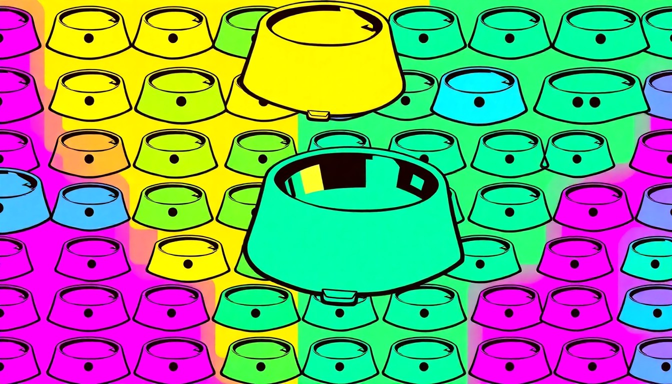 A bold, colorful silkscreen-style illustration featuring a repeating pattern of a dog food bowl in vibrant neon hues, conceptually representing the issues surrounding municipal animal shelter operations.