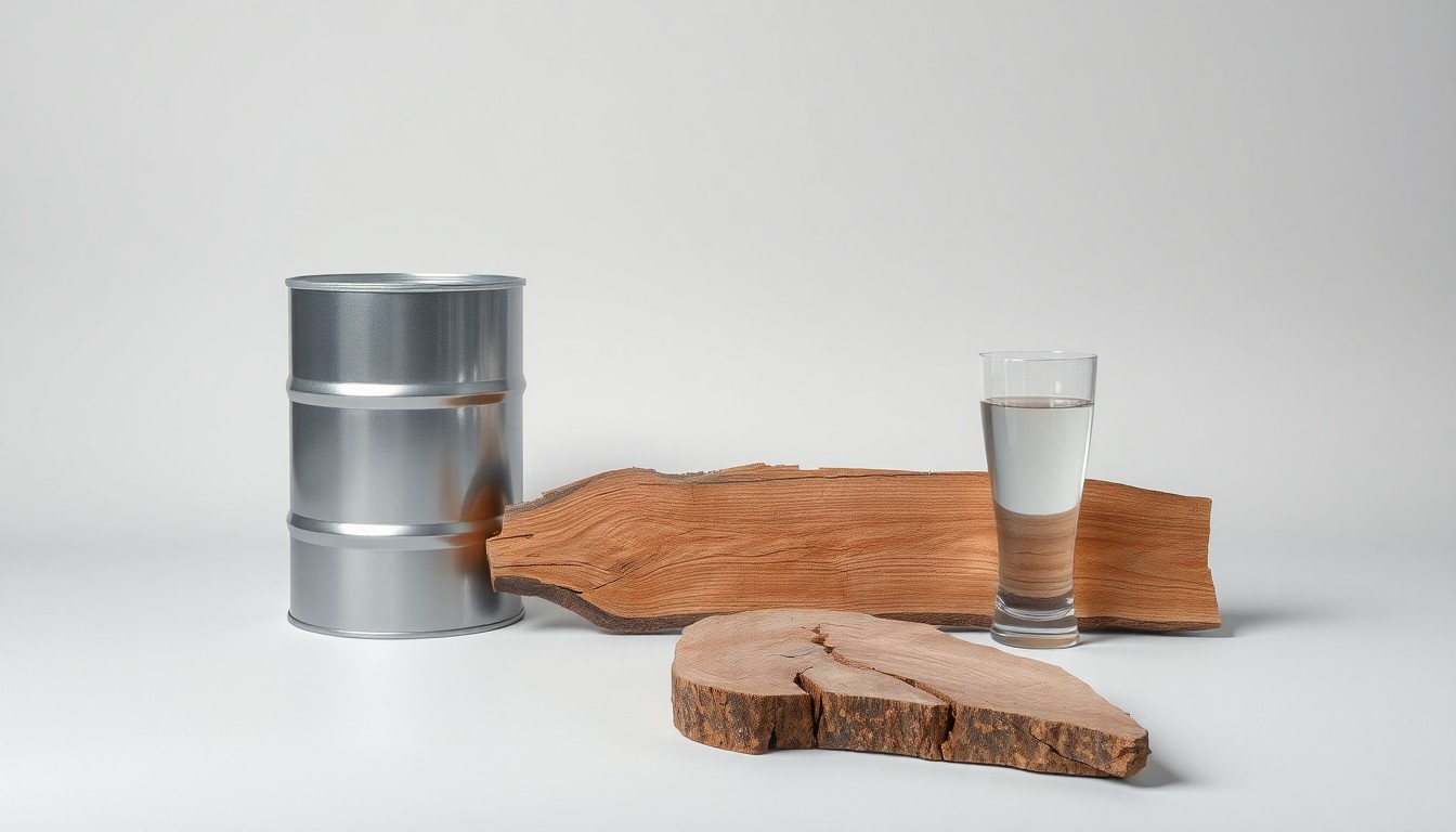 A photorealistic studio still life featuring a polished metal oil drum, a cracked and weathered wooden plank, and a glass of clear water, symbolizing the tension between energy, drought, and community in Aurora, Colorado.