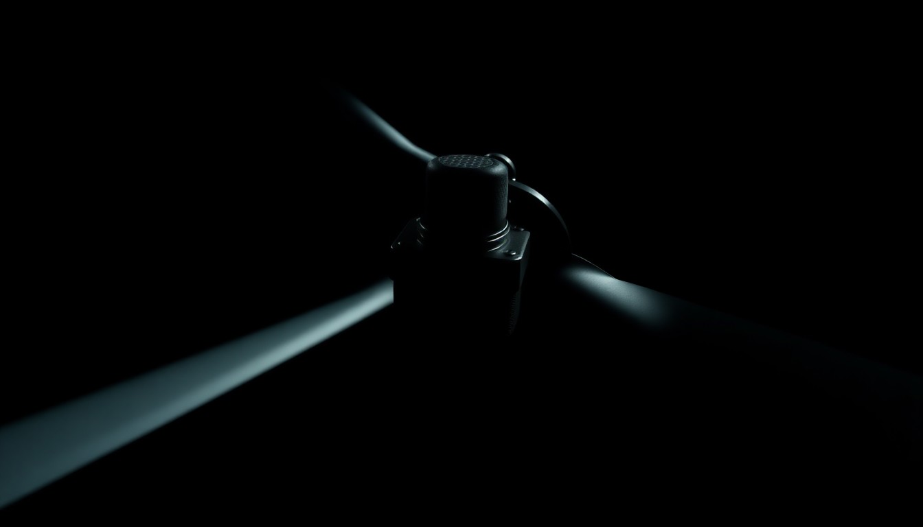 An extreme close-up photograph of a helicopter rotor blade, the metal texture and dramatic shadows creating a gritty, investigative aesthetic without any text or symbols.
