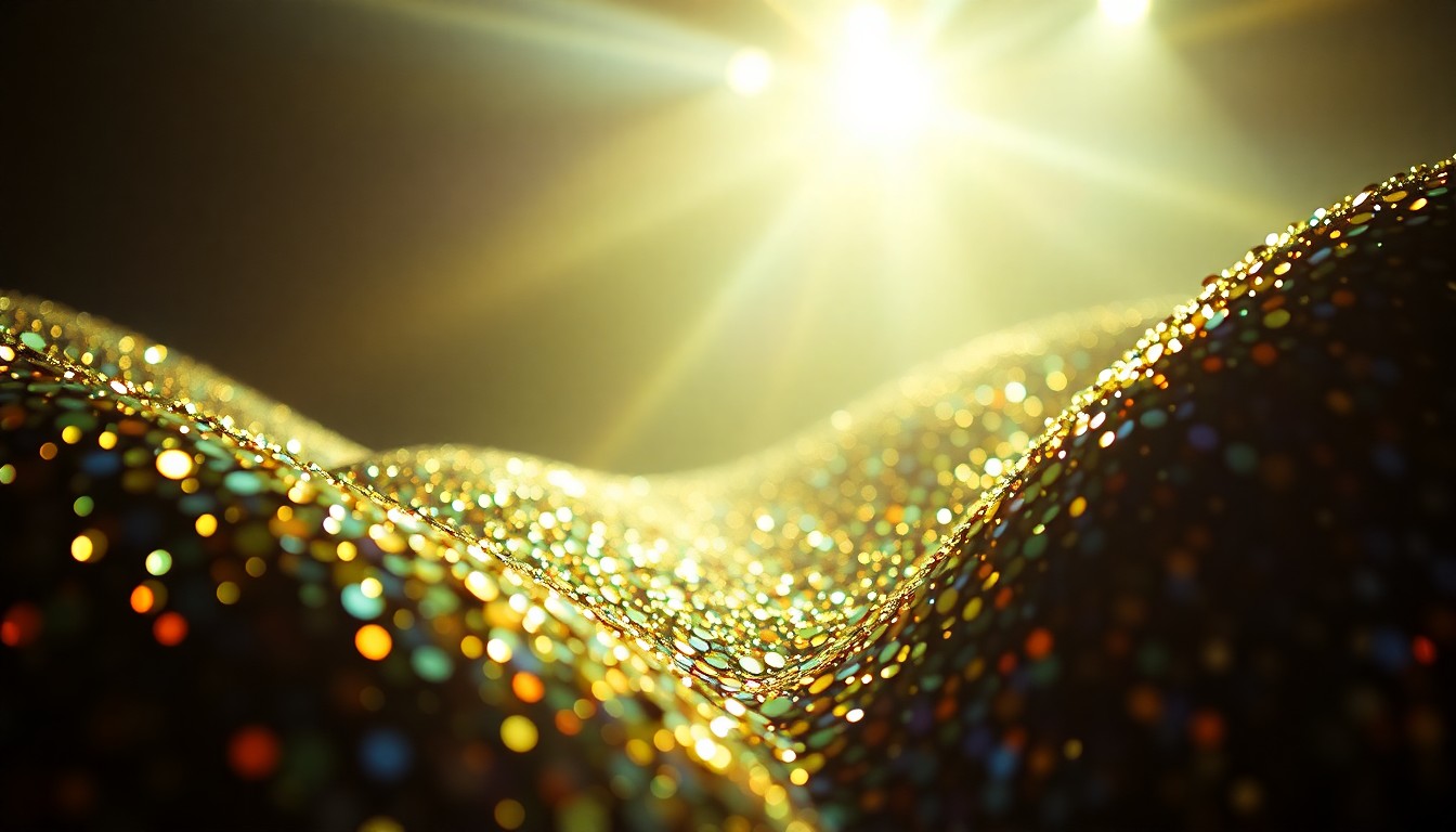 An extreme close-up of shimmering, reflective sequins captured in dramatic, high-contrast studio lighting, conceptually representing the glamour and spectacle of a large-scale music festival.