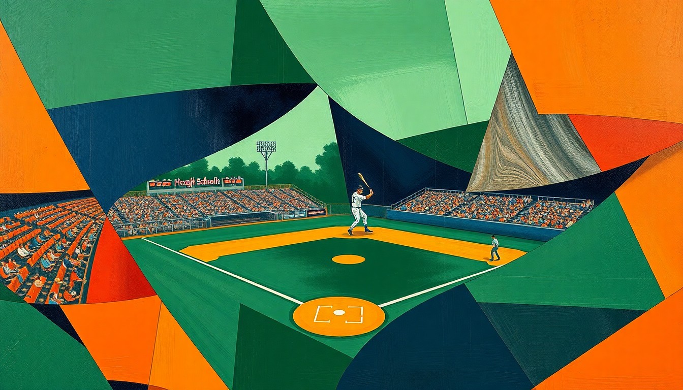 A cubist, geometric painting depicting a high school baseball game, with sharp overlapping planes of navy, green, and orange representing the dynamic action on the field.
