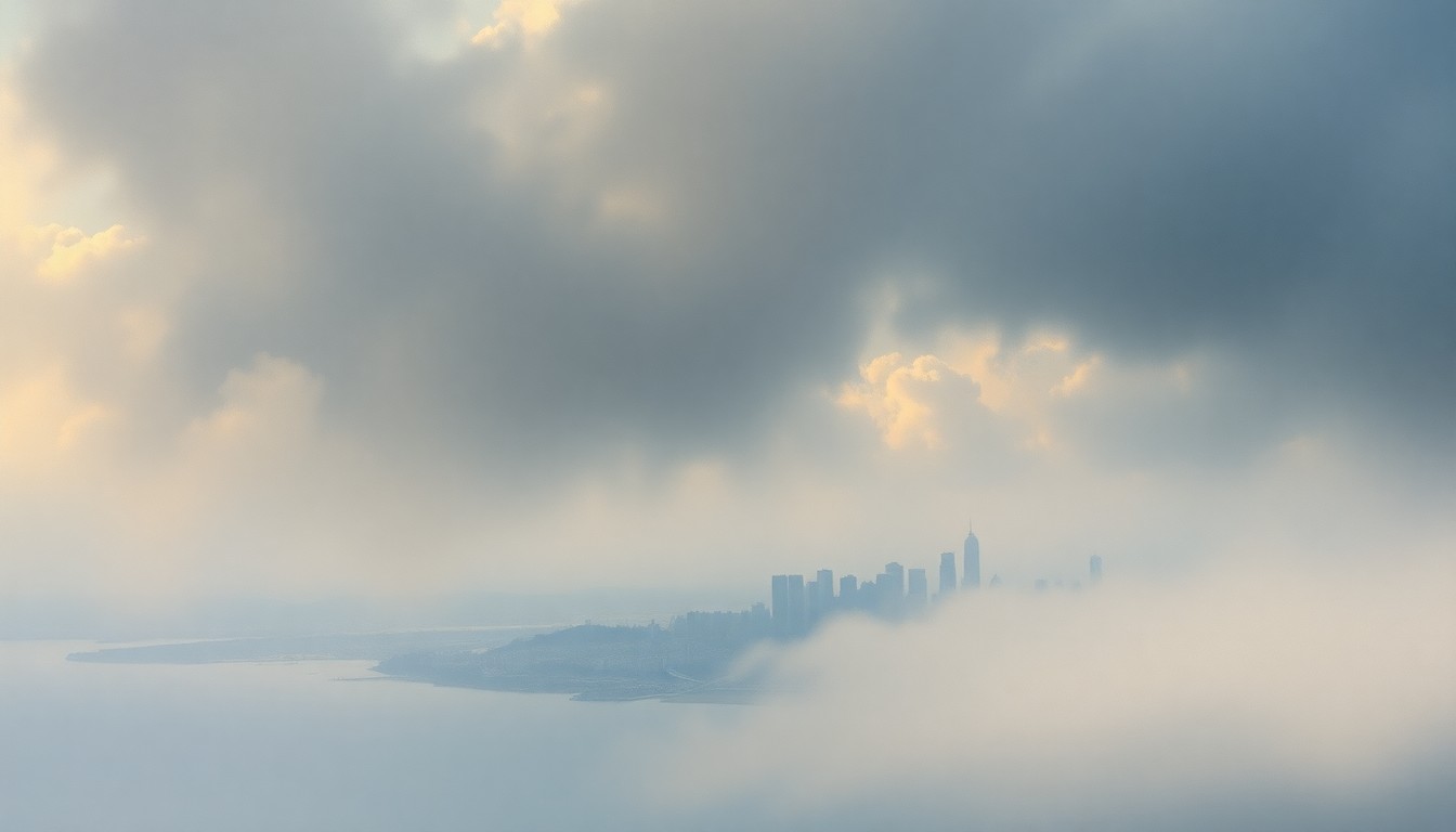 A sweeping, atmospheric landscape painting depicting the Seattle skyline and Puget Sound shrouded in a hazy, dramatic mist, conveying the overwhelming scale and power of the natural world.