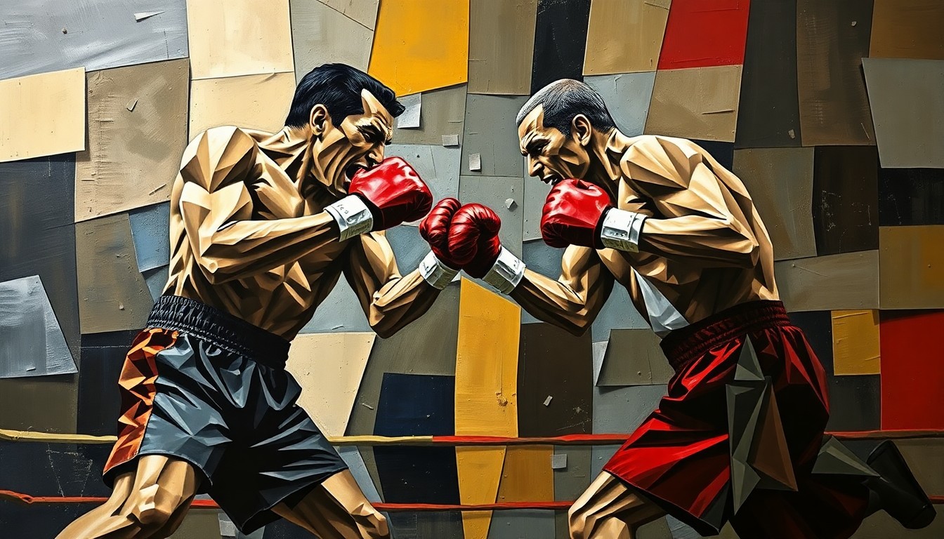 A fractured, geometric painting depicting the abstracted forms of two heavyweight boxers engaged in a match, with the ring ropes and canvas creating a fragmented, cubist composition.