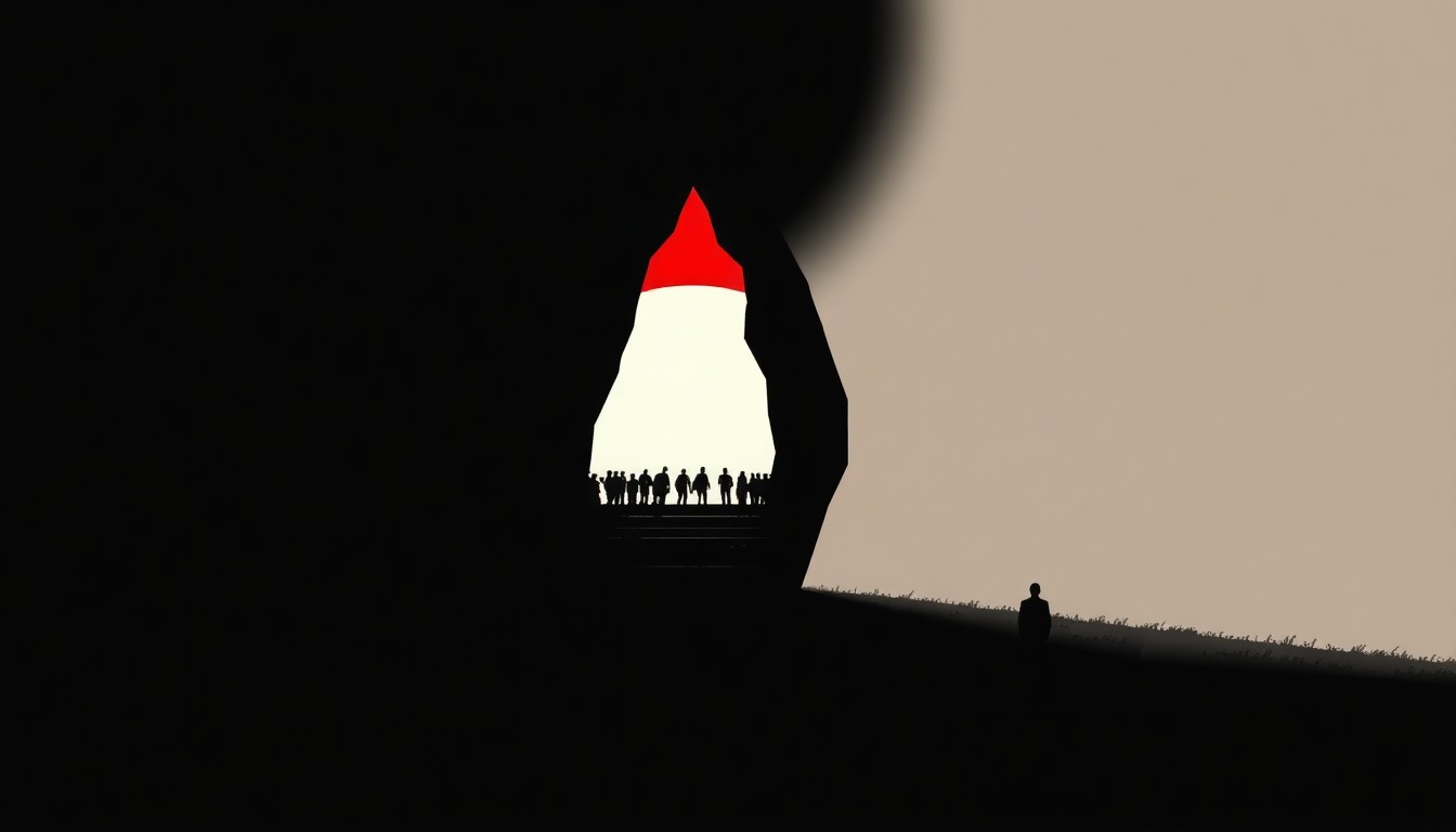 A bold, abstract composition of jagged geometric shapes and stark black silhouettes in high-contrast red and white, conceptually representing a mysterious, bunker-like structure housing a unique Radiohead film experience at the Coachella music festival.