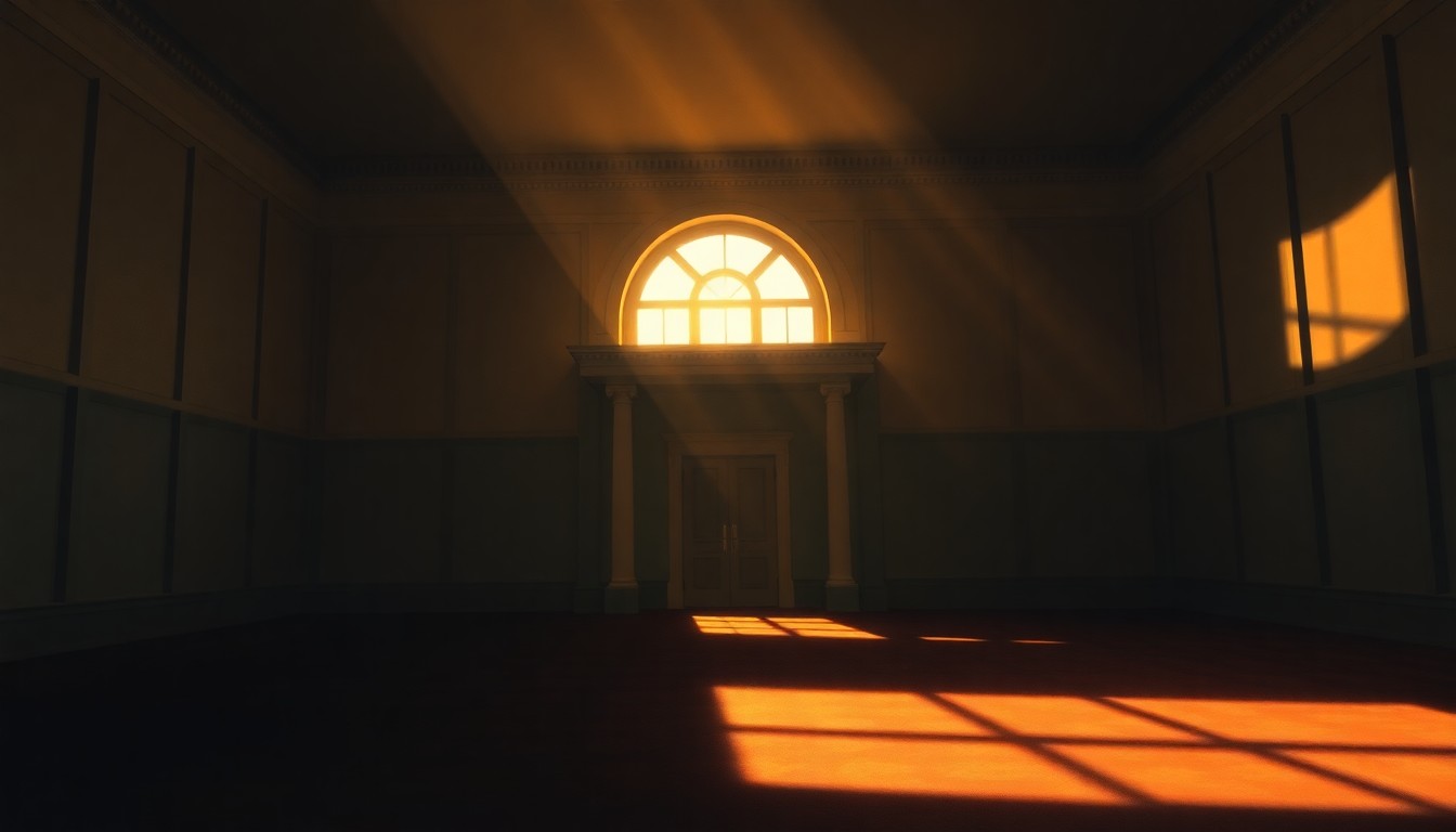 A cinematic painting of the empty, shadowy White House East Wing, with warm, diagonal sunlight casting deep shadows, conveying a sense of melancholy and disregard for historical preservation.