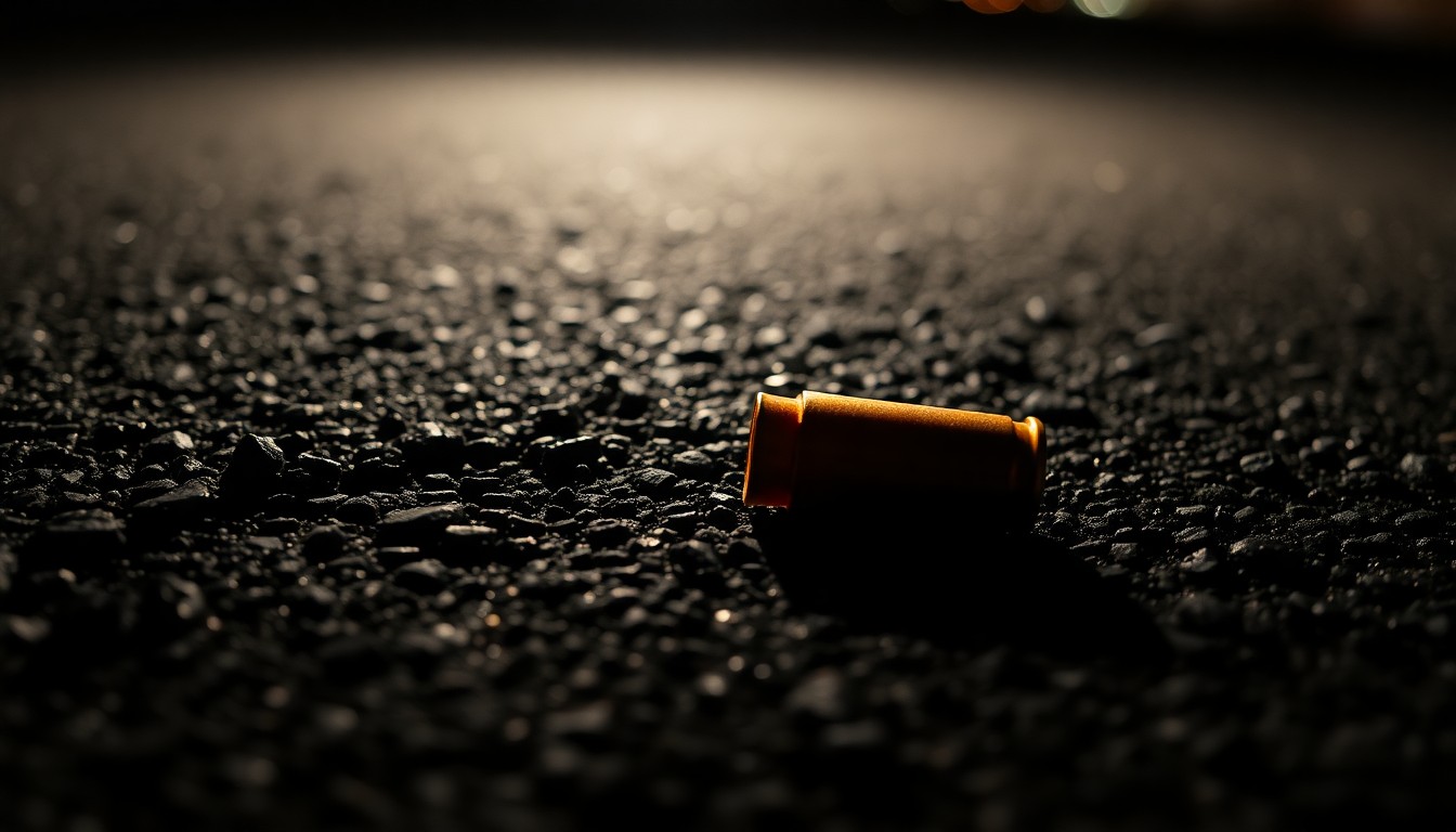 An extreme close-up photograph of a spent bullet casing on a dark asphalt surface, capturing the textural details and dramatic lighting to conceptually illustrate the aftermath of a freeway shooting incident.