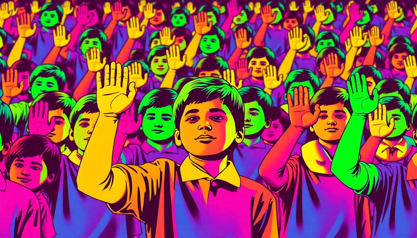 A highly stylized, abstract silkscreen illustration depicting multiple students raising their hands in a repeating grid pattern, representing the daily pledge ritual at Collinsville Elementary School.