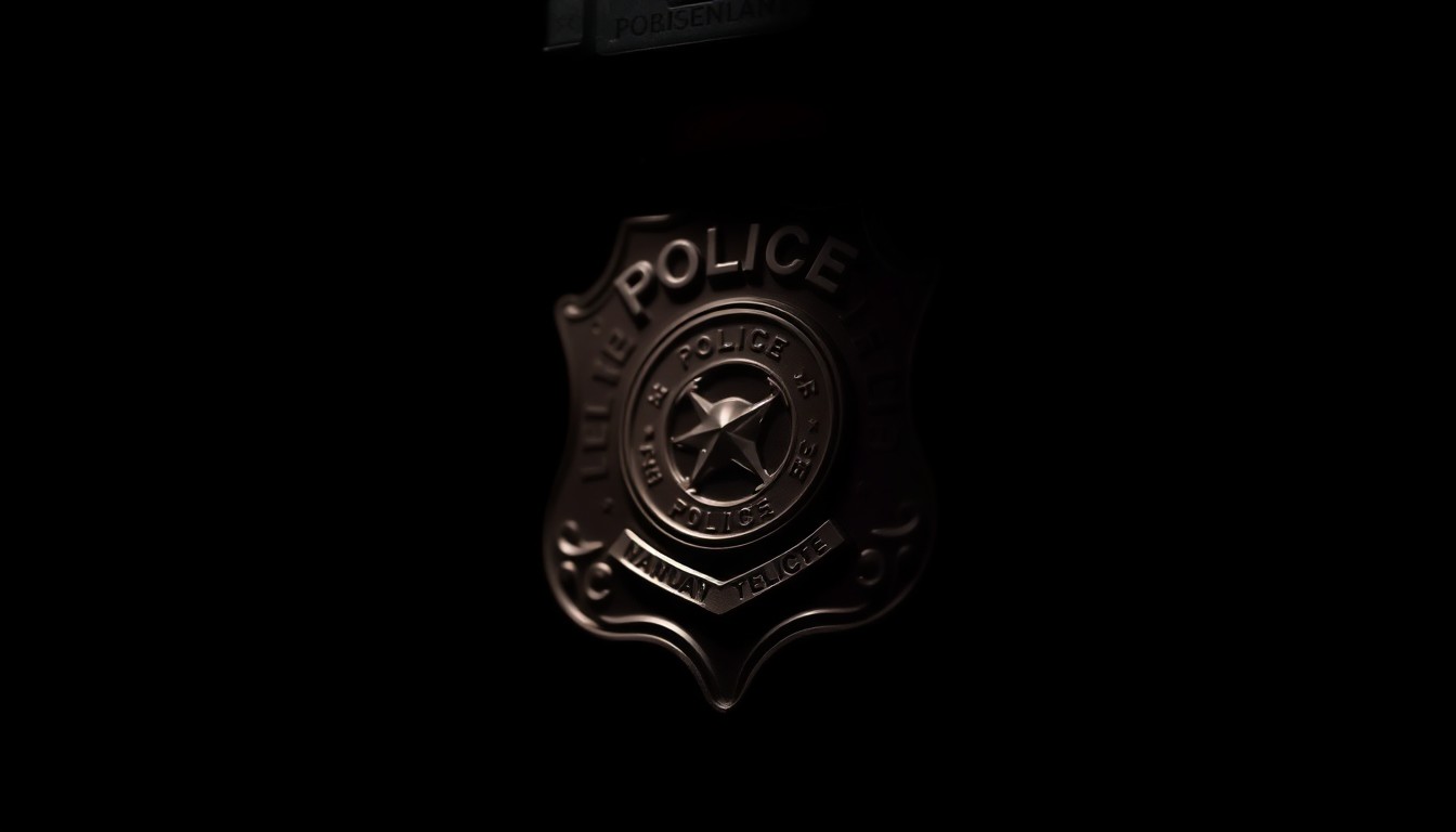 An extreme close-up photograph of a police badge or other law enforcement equipment, lit by a harsh, direct camera flash against a pitch-black background, creating a stark, gritty, investigative aesthetic.
