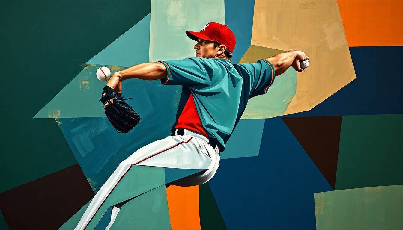 A fragmented, geometric painting depicting a baseball pitcher's throwing motion, with sharp planes of green, blue, and orange hues creating a sense of movement and power.