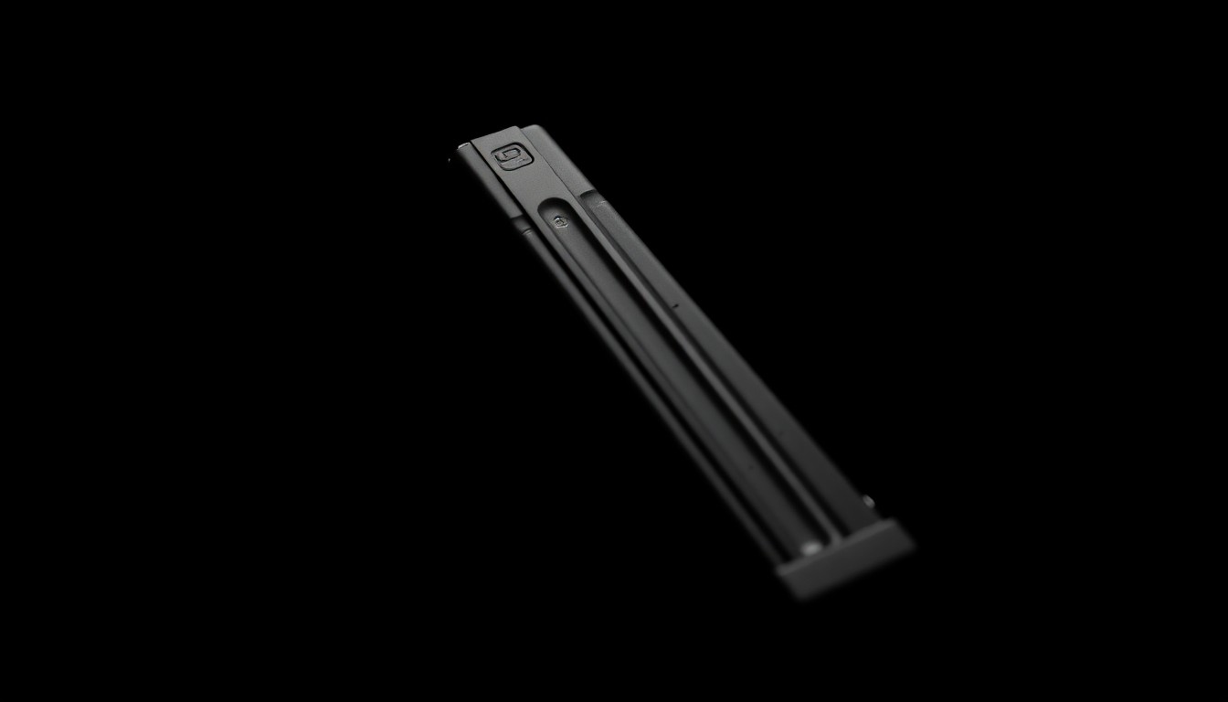 An extreme close-up photograph of a handgun magazine against a pitch-black background, lit by a harsh, direct camera flash, conceptually illustrating the serious legal consequences of crimes involving firearms.