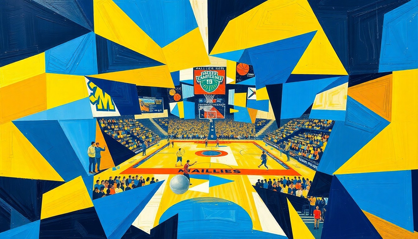 A fractured, multi-perspective painting in bold maize and blue colors, breaking down a college basketball championship game into sharp, overlapping geometric planes to capture the excitement and energy of the event.