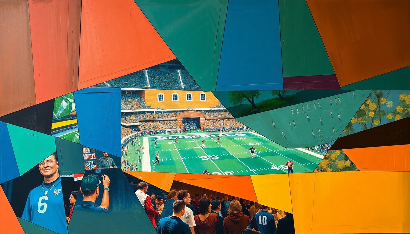 A fractured, multi-perspective painting depicting an NFL draft scene, with players, coaches, and draft boards broken down into sharp, overlapping geometric shapes in a vibrant color palette.
