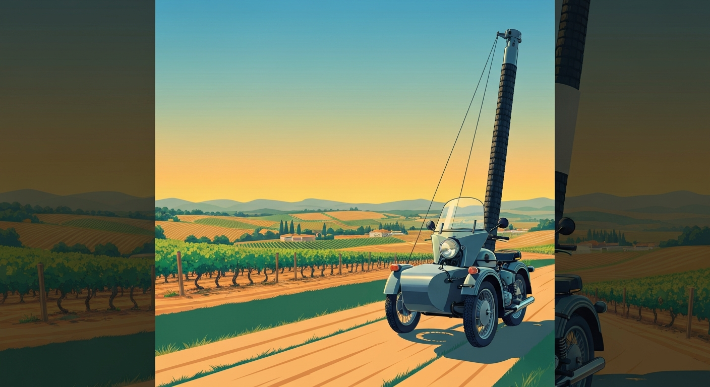 A bold, geometric illustration depicting a sleek Ural motorcycle sidecar against a sweeping, airbrushed landscape of rolling vineyards and winery estates, capturing the grand scale and romance of travel in Napa Valley.