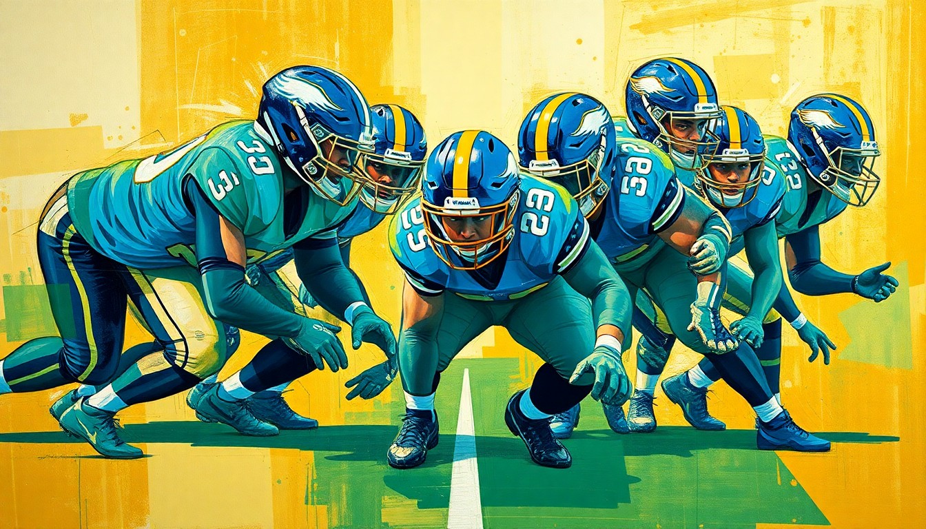 A cubist-style painting depicting a football offensive line broken down into overlapping geometric shapes and planes in shades of blue, green, and gold, conceptually representing the versatility and experience that Lucas Patrick brings to the Giants' offensive line.