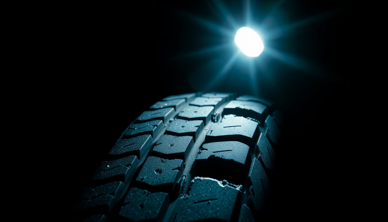 An extreme close-up photograph of a damaged vehicle tire tread, lit by a harsh, direct camera flash against a pitch-black background, conceptually representing the aftermath of a police pursuit.