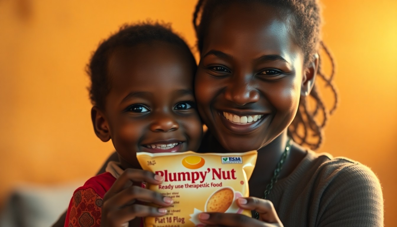 A warm, soft-focus photograph of a mother and child smiling while holding a package of therapeutic food, conveying the compassionate impact of the Church's global aid initiatives.