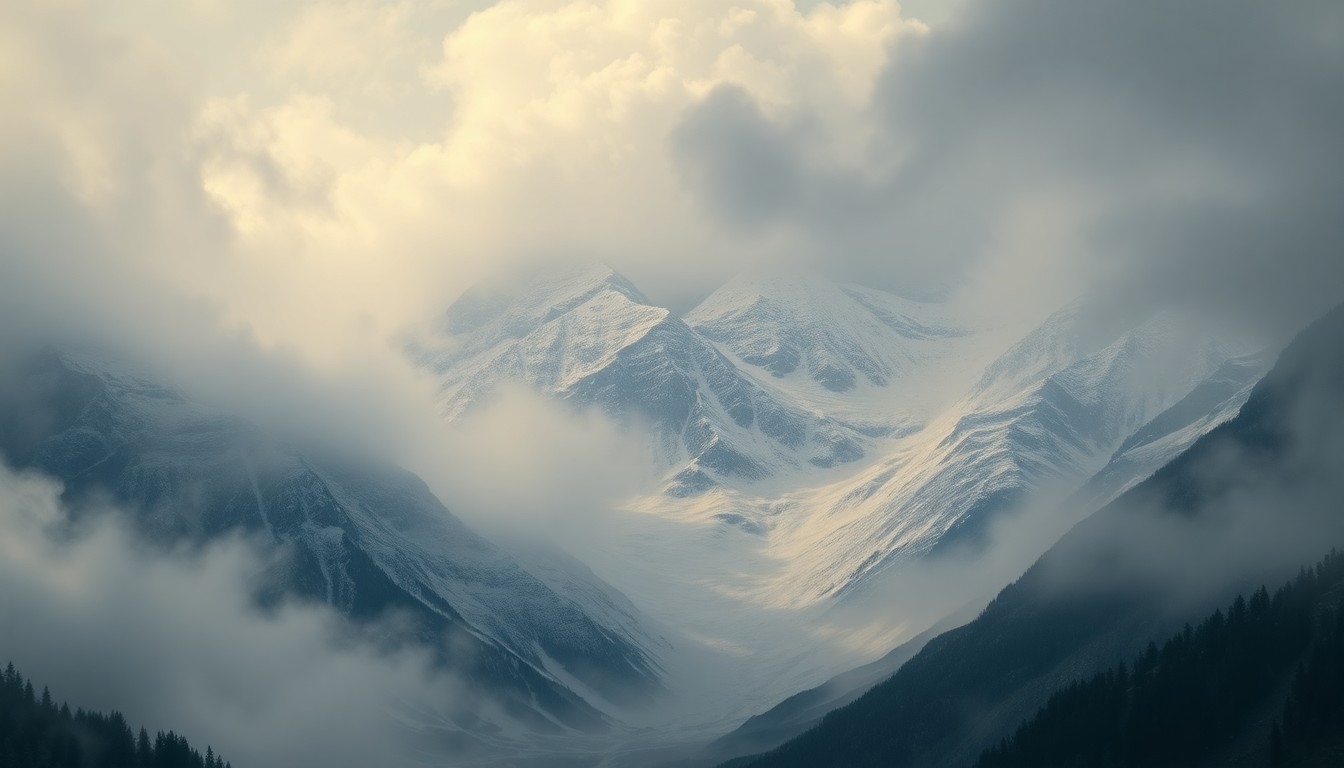 A sweeping, atmospheric landscape painting in muted tones of gray, blue, and white, capturing the overwhelming scale and power of the natural world as a winter storm approaches the Tahoe region.