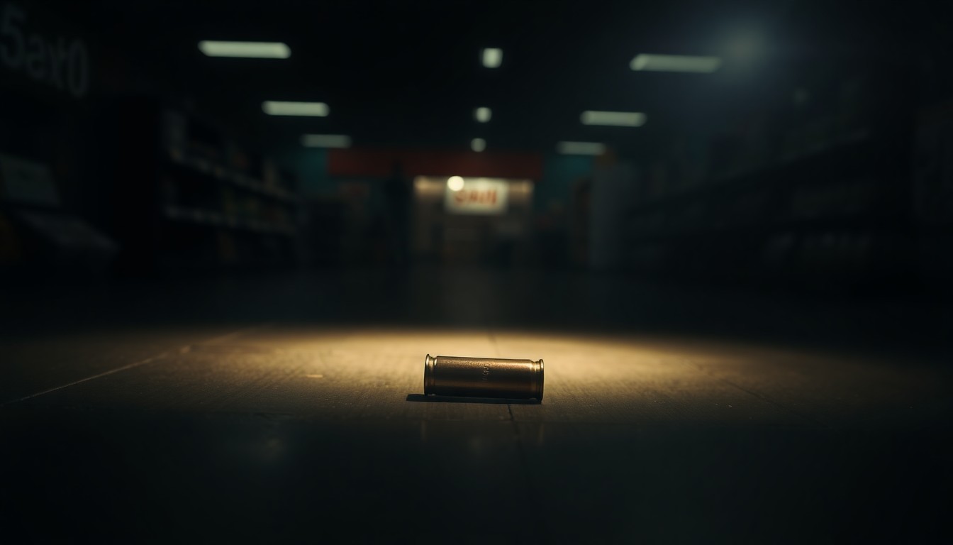 An extreme close-up photograph of a single spent shell casing on the floor of a dimly lit grocery store, the harsh flash creating a stark, gritty, investigative aesthetic that conceptually represents the tragic aftermath of the deadly shooting incident.
