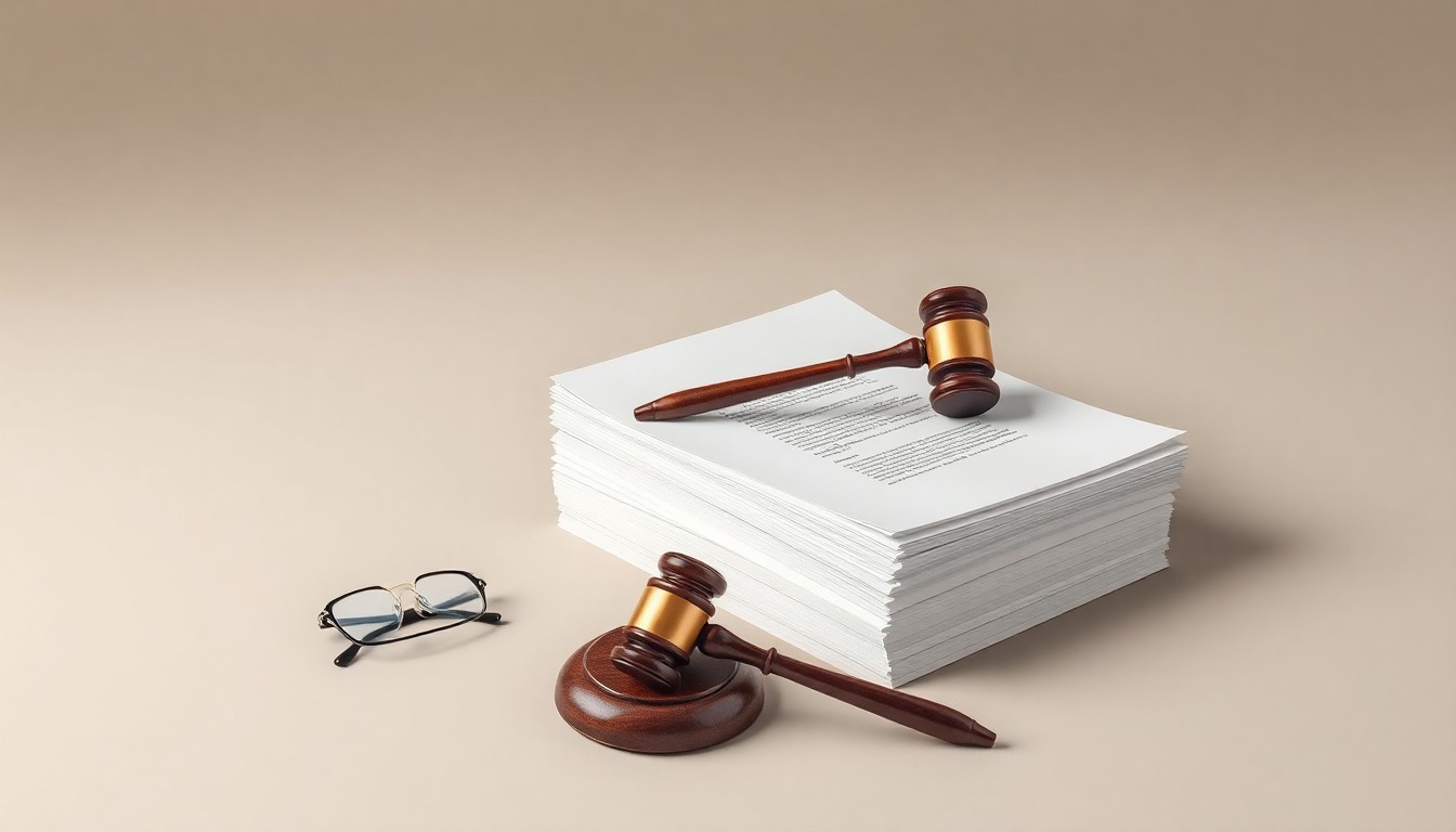 A minimalist, high-contrast studio photograph featuring a stack of legal documents, a wooden gavel, and a pair of reading glasses arranged on a plain white background, symbolizing the serious nature of corporate litigation and shareholder rights.