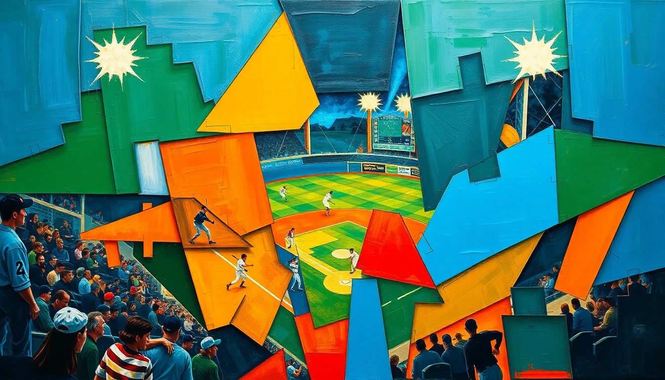 A fragmented, geometric painting in bold colors depicts a baseball game from multiple angles, with players and the field broken down into sharp, overlapping shapes.