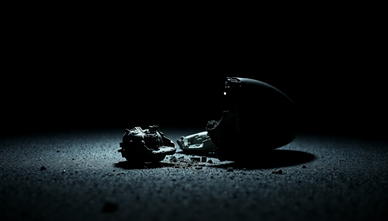 An extreme close-up photograph of a shattered car part or piece of debris from the crash site, lit by a harsh, direct flash against a black background, conveying the gritty, investigative nature of the incident.