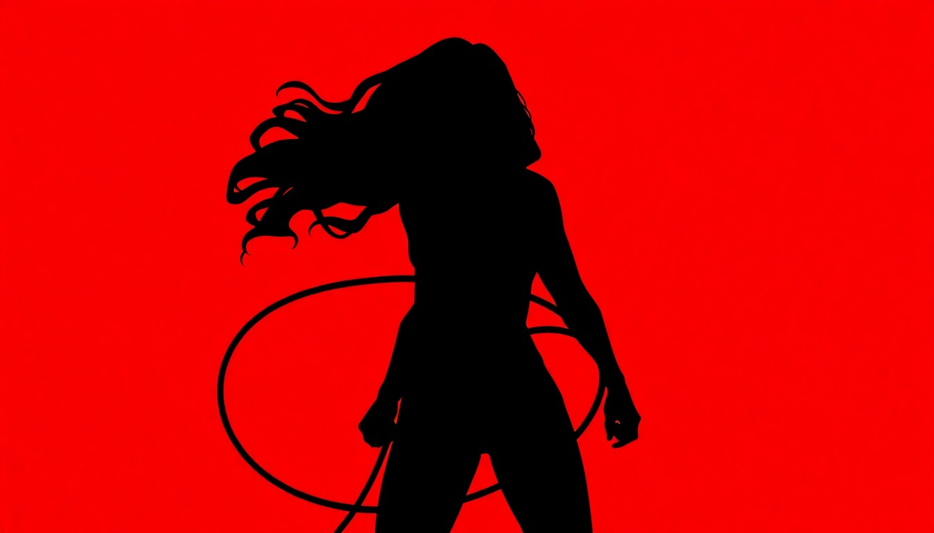 A dramatic black silhouette of Wonder Woman's lasso curving across a deep red background, conveying the iconic superhero's strength and heroism.