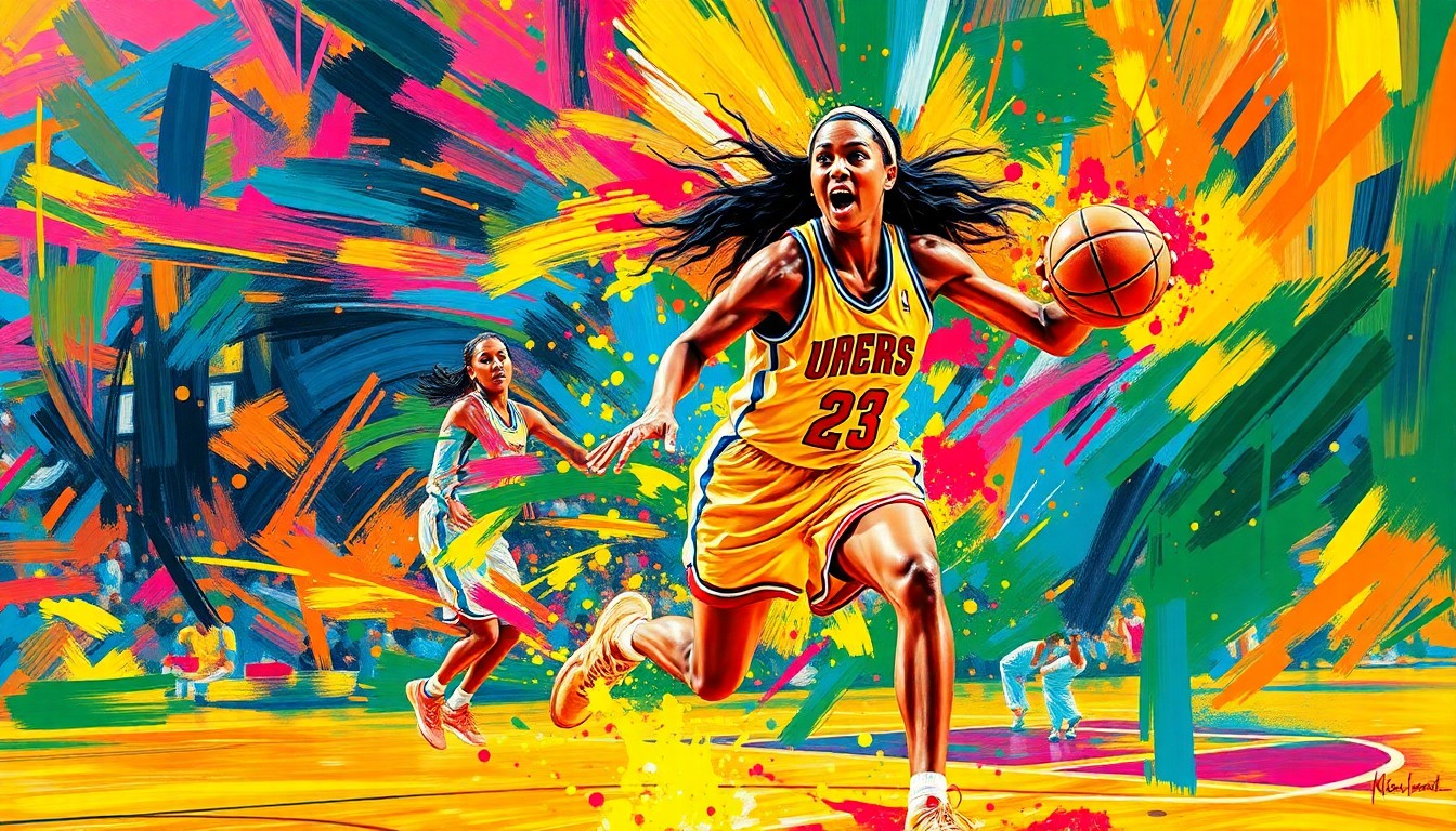 A vibrant, energetic painting featuring explosive brushstrokes and neon colors capturing the raw power and athleticism of a basketball player in motion, their face and jersey obscured by the dynamic movement.