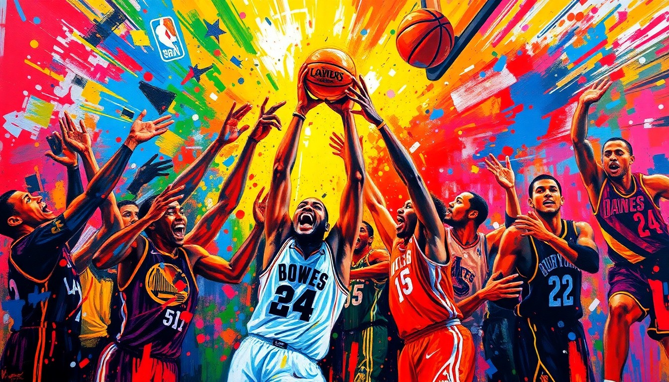 An abstract expressionist painting in neon colors, with rapid brushstrokes and indistinct figures, conveying the raw emotion and excitement of a basketball championship celebration.
