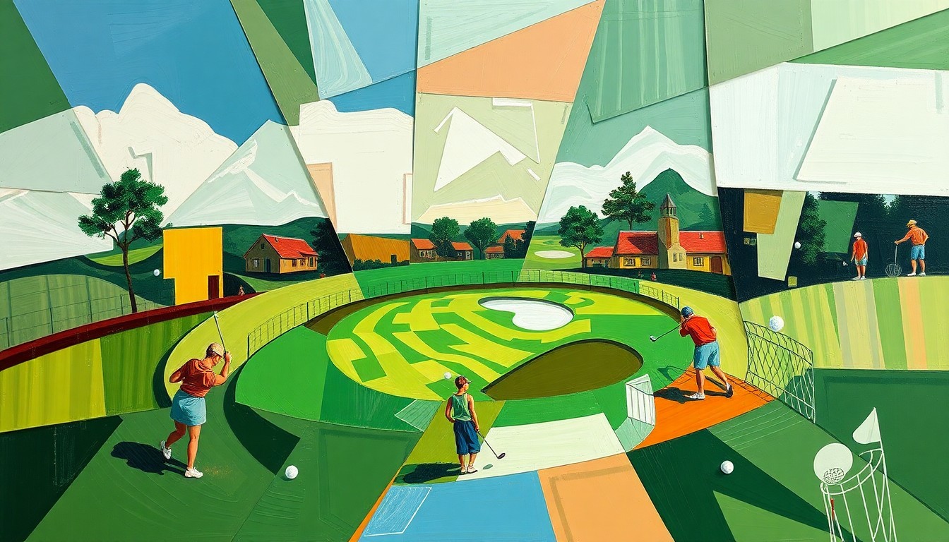 A cubist-style painting depicting a junior golf event, with the action broken down into overlapping geometric shapes and planes in shades of green, brown, and blue, conveying the dynamic energy and movement of the sport.