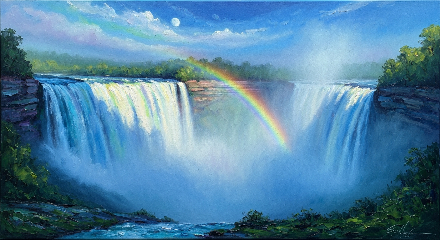 A textured oil painting landscape depicting the misty, moonlit Cumberland Falls in Kentucky, with the faint outline of a glowing moonbow visible in the mist. Vibrant blues, greens, and purples swirl across the canvas, capturing the otherworldly beauty of this natural wonder.